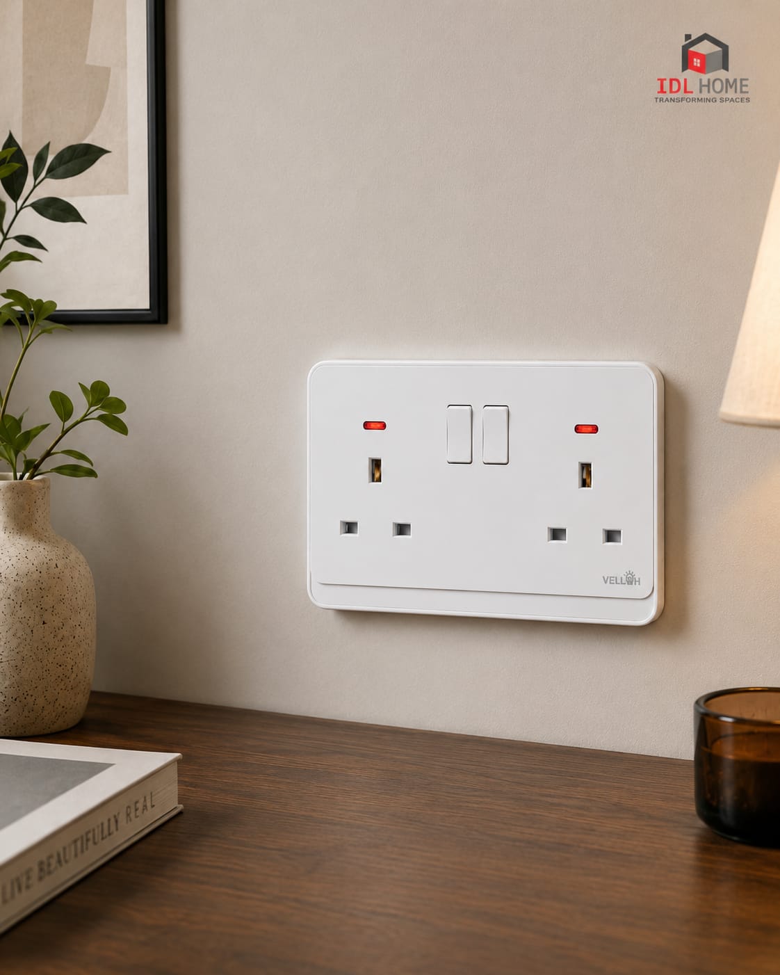 13A Double socket with Neon {In BLACK, WHITE & GOLD