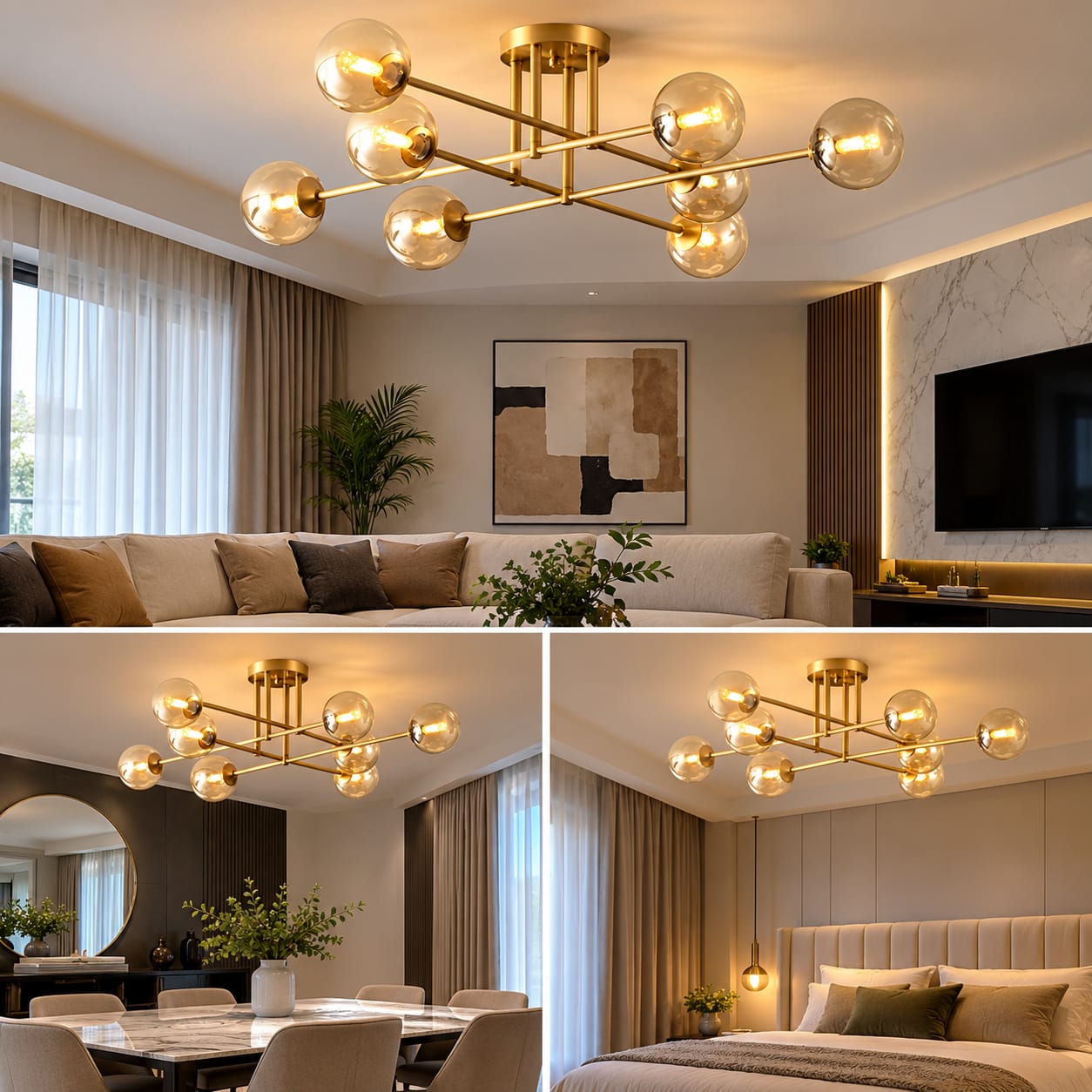 Mid-century sputnik semi flush mount chandelier
