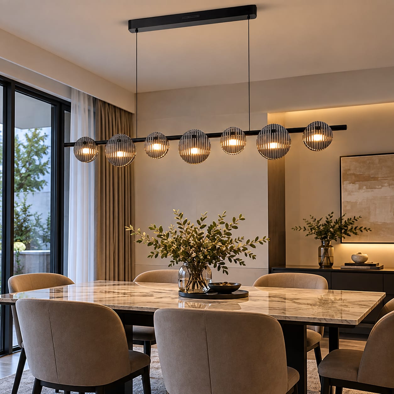 Linear glass globe LED chandelier