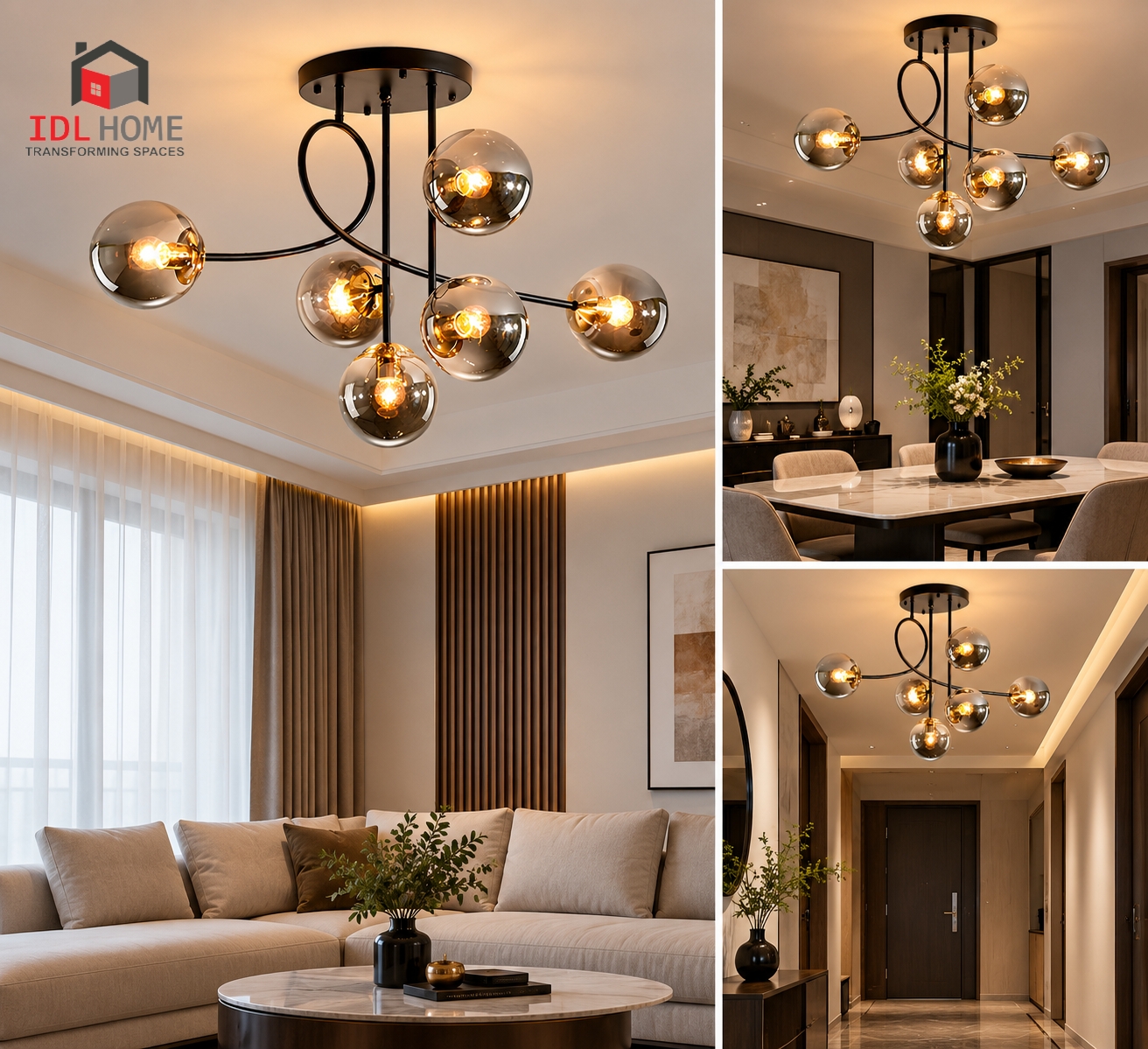 6 light glass globe semi flush mount chandelier